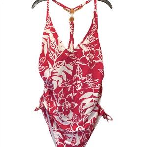 Kona Sol One Piece Bathing Swim Suit Pink White Tropical Size XL 16 to 18